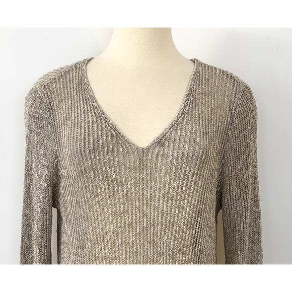 Eileen Fisher Linen Cotton Sheer Knit Sweater Pullover V-Neck Oatmeal Beige M - Picture 2 of 11